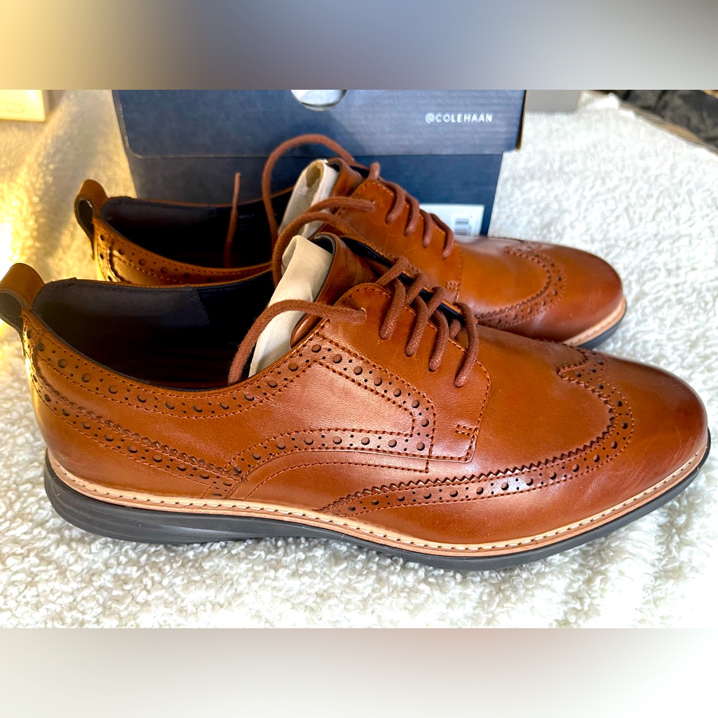 Nearly New Cole Haan British Tan/Java Great Evolution Wingtip Wood Laced Oxford